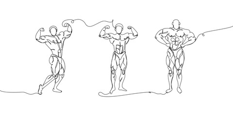 Bodybuilder set one line art. Continuous line drawing sport, fitness, man, musculature, strength, gym, competition, physical education, athlete torso, showing muscles weightlifting.