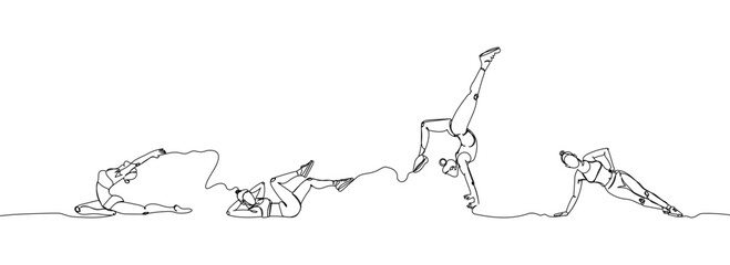 Gymnast, fitness girls, training set one line art. Continuous line drawing sports, pilates, athletics, strength, athlete, woman, gym, stretching, half twine, side plank, bridge, handstand, workout.