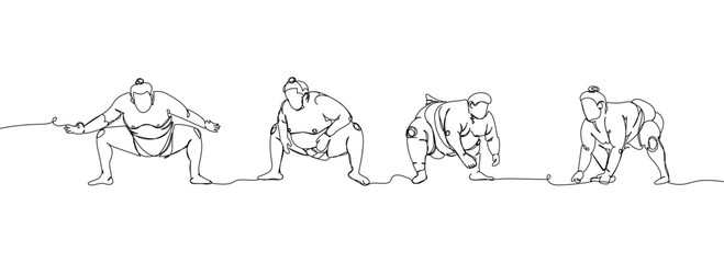Japanese wrestlers sumo set one line art. Continuous line drawing japan, fight, obesity, big man, person, pre-fight greeting, athlete, training, form, sport.