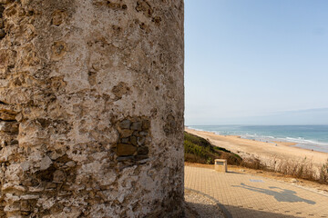 views of La Barrosa beach from the top of the viewpoint called Torre del Puerco in Cadiz, Spain