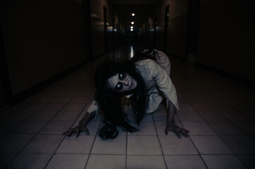 Portrait of asian woman make up ghost,Scary horror scene for background,Halloween festival...