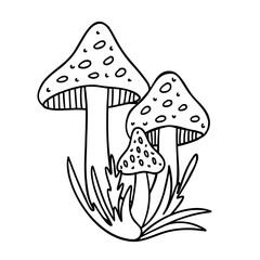 Sticker illustration from a 1970s set. Magic mushrooms grow among the grass. Black outline on a white background.
