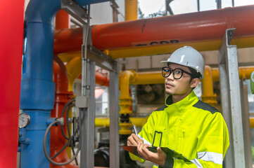 Asian engineer wearing glasses working in the boiler room,maintenance checking technical data of heating system equipment,Thailand people