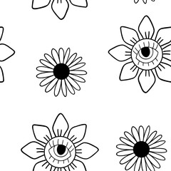 Illustration of a seamless pattern in the style of the seventies. Groovy and trippy elements. Black outline on a white background. Universal use.