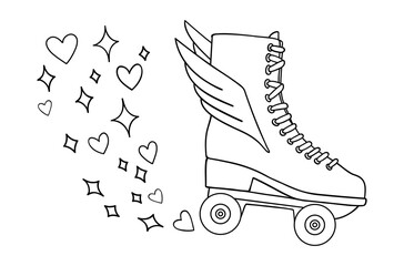 Illustration of a sticker from the 1970s set. Roller skate with wings. Bright memorable design. Universal use.
