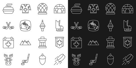 Set line Hockey puck, Pennant flag of Canada, Skates, Montreal Biosphere, map, Ice hockey sticks, Stone for curling and TV CN Tower Toronto icon. Vector