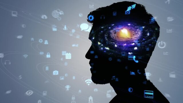 Silhouette of Men Head with Colorful Moving Galaxy. Animation of Holographic Technology Icons. Double Exposure.
Mindfulness Meditation Concept. 
