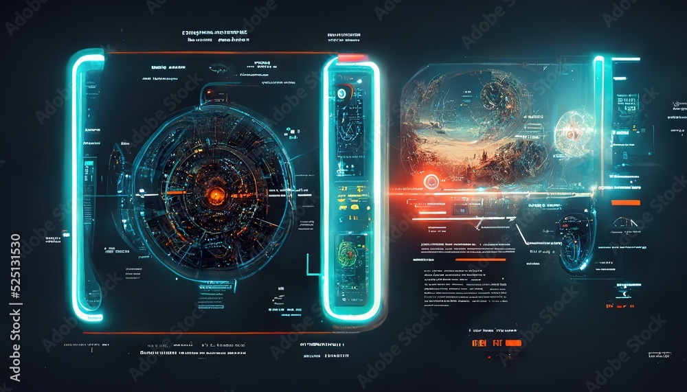 Poster HUD shuttle spacecraft digital screen interface, user interface or graphic interface of a sci-fi space game. Aim system. Futuristic aiming concept. 3d render