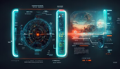 HUD shuttle spacecraft digital screen interface, user interface or graphic interface of a sci-fi space game. Aim system. Futuristic aiming concept. 3d render