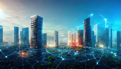 Illustration of a smart city at night, application development concept, smart city, Internet of things, smart life, information technology, gradient grid line, metaverse connection technology concept