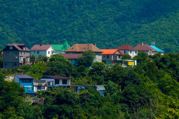 Fototapeta na wymiar residential buildings in the forested mountains