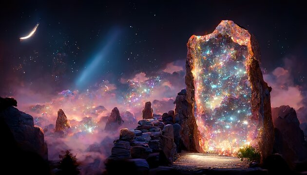 A futuristic portal to another world. The portal is located on an alien planet, with mountains and a red earth. Against the background of the planet, the stars. 3d render