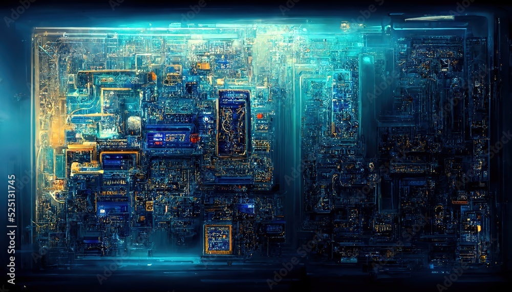 Fototapete Central Computer Processors CPU concept. Circuit board background. Computer motherboard, digital background. 3d render