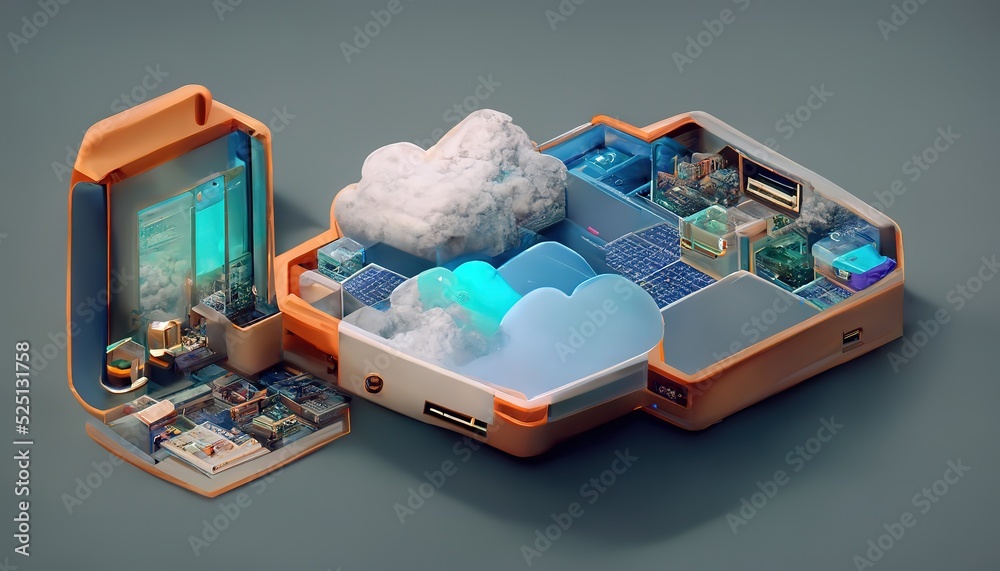 Aufkleber Cloud storage with laptop in isometric. Data center with data exchange for hosting or cloud service. 