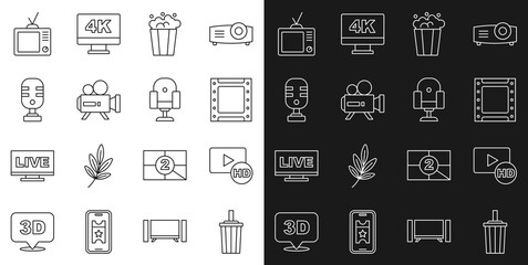 Set line Paper glass with water, Hd movie, tape, frame, Play video, Popcorn in cardboard box, Retro cinema camera, Microphone, tv and Director chair icon. Vector