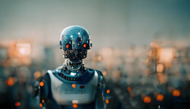 The robot's head, bare chips, and microchips. A robot from the future on a technologically isolated background.
