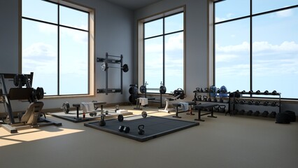 3d rendering Modern light gym. Sports equipment in gym. Barbells of different weight on rack.
