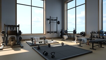 Fototapeta premium 3d rendering Modern light gym. Sports equipment in gym. Barbells of different weight on rack.
