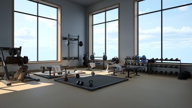 3d Rendering Modern Light Gym. Sports Equipment In Gym. Barbells Of Different Weight On Rack.