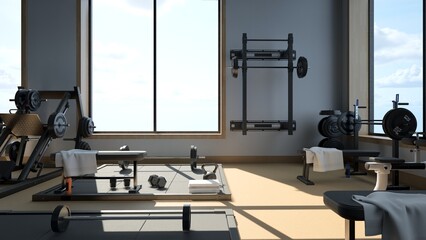 3d rendering Modern light gym. Sports equipment in gym. Barbells of different weight on rack.