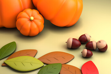 ドングリとカボチャの秋イメージ　Autumn concept of  acorn and pumpkin, 3d rendering.	