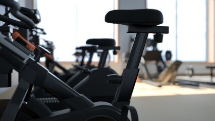 Fototapeta na wymiar 3d rendering Modern light gym. Sports equipment in gym. Barbells of different weight on rack.