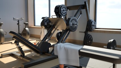 Fototapeta na wymiar 3d rendering Modern light gym. Sports equipment in gym. Barbells of different weight on rack.
