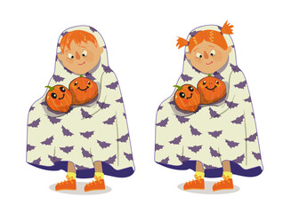 Boy and Girl dressed as ghost for halloween with cute pumpkin vector illustration 