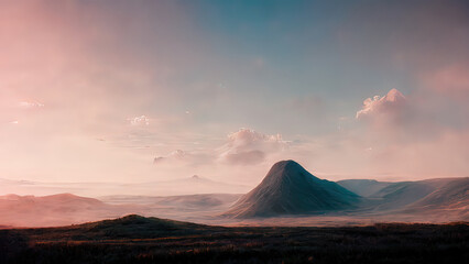 Minimal, atmospheric, landscape with a mountain, hill. 4K wallpaper at dusk, dawn. Pink sky over green fields. Calm, relaxing view. 
