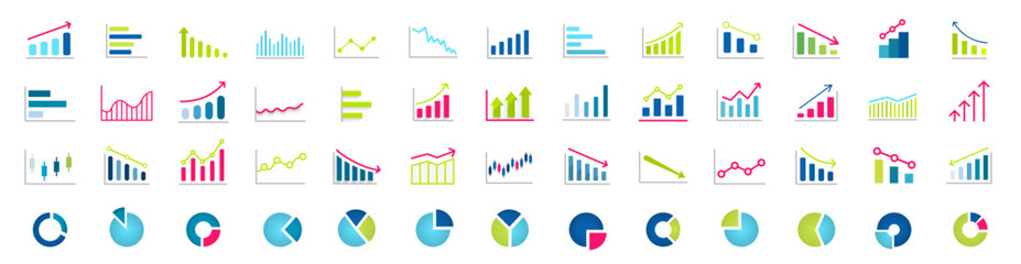 Infographics collection. Diagram icon set. Set of business graph and charts icons. Business data charts. Colorful graphs, diagrams, infographic, analytic report. Statistics. Vector illustration