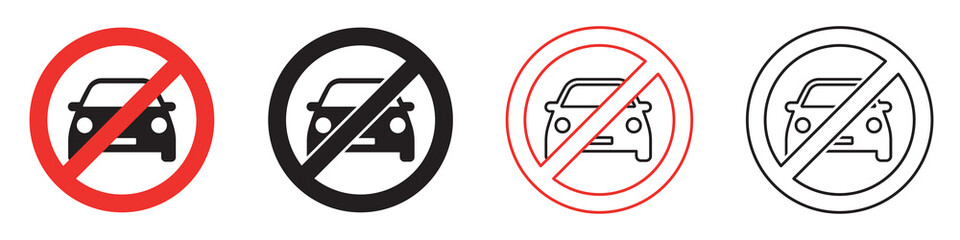 Set of car forbidden signs. No car parking, no parking road warning signs. No cars entry, the red circle sing. Vector illustration. - obrazy, fototapety, plakaty