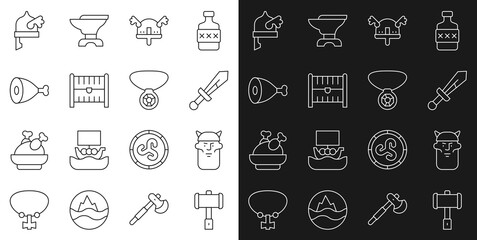 Set line Battle hammer, Viking head, Medieval sword, horned helmet, Antique treasure chest, Chicken leg, and Necklace with gem icon. Vector