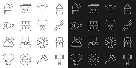Set line Battle hammer, Viking head, Medieval sword, horned helmet, Antique treasure chest, Chicken leg, and Necklace with gem icon. Vector