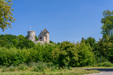 Fototapeta na wymiar Castle in Bedzin, a castle situated on a slope, is an example of defensive construction from the 14th century. Front view of the castle surrounded by greenery on a sunny summer day.
