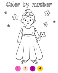 Color by number game for kids. Cute children in costume princess. Halloween party. Printable worksheet with solution for school and preschool. Learning numbers activity.