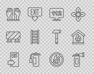 Set line Fire exit, extinguisher, Emergency call, Firefighter gloves, escape, No fire and burning house icon. Vector