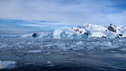 Icebergs floating in the bay, at the base of a snow covered mountain, at Cierva Cove, Antarctica