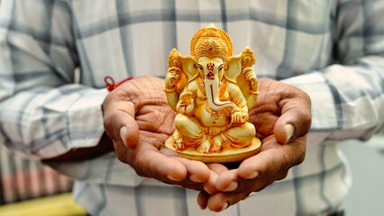 A Man holding Ganesha idol for Visarjan or Immersion in water annual ritual during Ganesh Chaturthi...