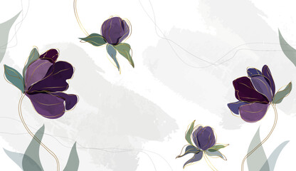 Abstract art background with watercolor texture. Purple flowers with gold trim
 and green leaves. Botanical banner for wallpaper design, decor, wall, packaging, interior design
