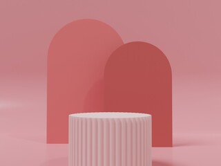 3d podium with pink arch and light pink cylinder step in pink background for product display and showcase. Minimalism  product platform. Pastel pink podium. Geometry design. Surreal and luxury.