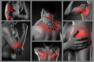 Pain in different man's body parts, neck, shoulder, elbow, chronic diseases of the male body, collage of several photos on black background