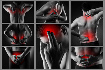 Pain in different man's body parts, neck, shoulder, heart, back, kidneys, head, prostate, abdomen,...