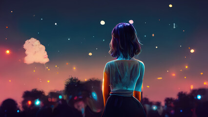 Anime girl stargazing. Cute girl looking at the night sky. Atmospheric, moody feeling. Manga, lofi style. Sad beautiful background. 4K night. With clouds and stars. - obrazy, fototapety, plakaty