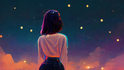 Naklejka premium Anime girl stargazing. Cute girl looking at the night sky. Atmospheric, moody feeling. Manga, lofi style. Sad beautiful background. 4K night. With clouds and stars.