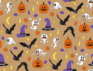 Seamless Halloween vector pattern. Cartoon doodle background. Ghost, pumpkin, bat, witch hat, candle in trendy comic design. 