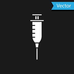 White Syringe icon isolated on black background. Syringe for vaccine, vaccination, injection, flu shot. Medical equipment. Vector Illustration