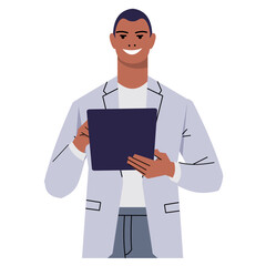 Black businessman uses a tablet. A smiling man in a suit is holding a device and touching the screen with his finger. Entering text, scrolling the page in the browser. Flat vector isolated on white.