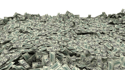 Money background with white copy space area. 100 dollar US notes isolated pile