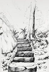 Sketch if stairs in the forest 