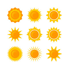 Yellow shining sun icons set